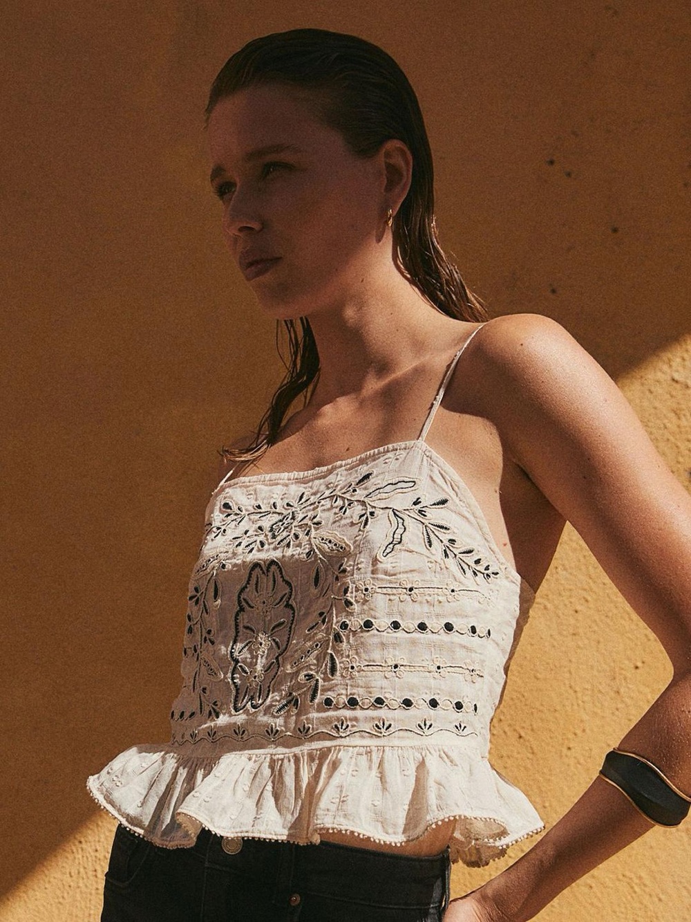 H&M Cream Embroidered Ruffle Cami Top